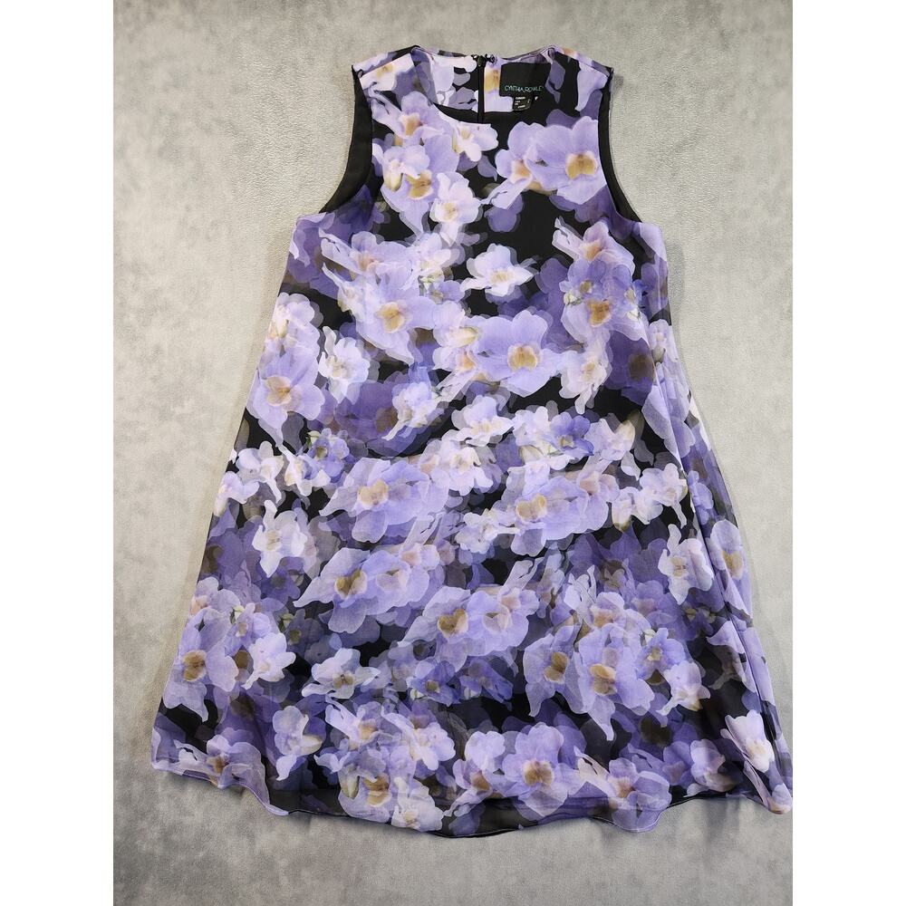 Cynthia Rowley Dress Size 0 Purple Black Blur Flowers A Line Trapeze